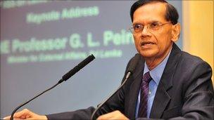 Sri Lanka Foreign Minister GL Peiris delivering a lecture at the IISS (photo: IISS)