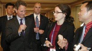 US Treasury Secretary Timothy Geithner (second left) leaves after a press conference in Gyeongji