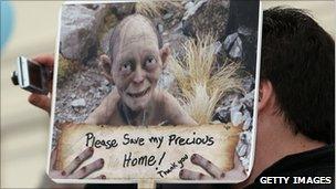 A Hobbit poster is seen during the protest at Civic Square on October 25, 2010 in Wellington, New Zealand.