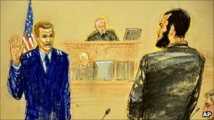 A sketch from the military tribunal of Omar Khadr (right) at Guantanamo Bay