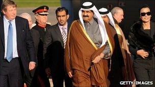 Sheikh Hamad bin Khalifa Al-Thani at Heathrow airport on Monday ahead of the formal visit