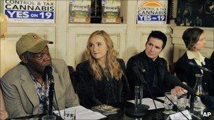 Danny Glover, Melissa Etheridge, Hal Sparks and marijuana legalisation advocate Sarah Lovering at a news conference 21 October, Los Angeles.