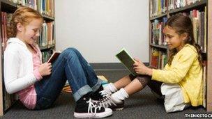 Girls in a library