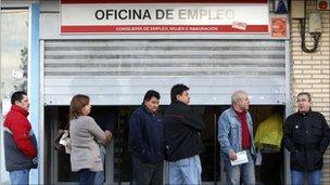 People waiting to enter a job centre in Madrid