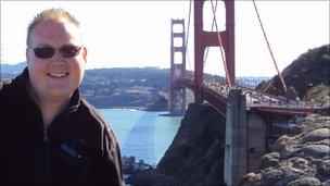 John Blower from Bournemouth in front of the Golden Gate Bridge, San Francisco