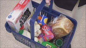 A shopping basket containing food