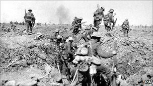 Allied troops leave a trench prior to the battle of Morval