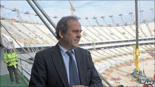 Uefa president Michel Platini visits the new Warsaw stadium