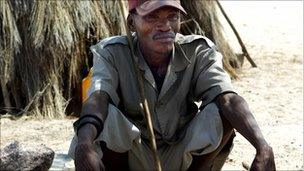 A Bushman in 2005 in the Botswana Bushmen resettlement town of New Xade, a few kilometres away from the Central Kalahari Grand Reserve