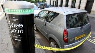 An electric car at a charging point in London