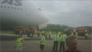 Qantas A380 plane after emergency landing at Singapore airport, 4 November 2010