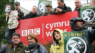 BBC journalists picketing outside Broadcasting House in Llandaff