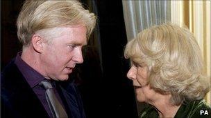 Philip Treacy with the Duchess of Cornwall at the Irish Embassy on 9 November 2010