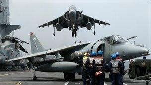 Harrier coming into land on HMS Ark Royal