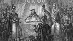 15 June 1215, King John signs the Magna Carta at Runnymede. Original Artwork: Engraved by Davenport and drawn by T H Jones