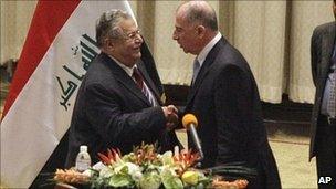 Iraqi President Jalal Talabani greets the new speaker Osama Nujaifi in parliament (11 Nov 2010)