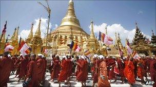 Monks marching in Rangoon on 25 September 2007