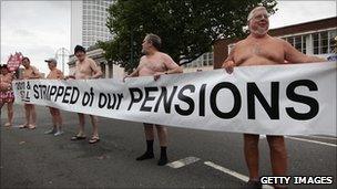 Pensioners demonstrate outside the Conservative Party Conference on October 5, 2010 in Birmingham, England.