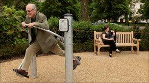 Pensioners exercise in London's first purpose built 'Senior Playground' in Hyde Park on May 19, 2010 in London, England.