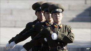 North Korean soldiers at the truce village of Panmunjom on 3 November 2010