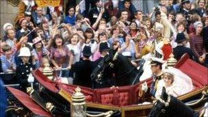 Crowds cheering at Charles and Diana's wedding