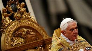 Pope Benedict XVI leads a consistory in St Peter"s basilica at The Vatican on November 20, 2010.