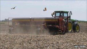 A farmer sows soy in the Pergamino district of Buenos Aires province, October 2010