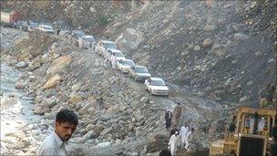 Damaged road in northern Pakistan