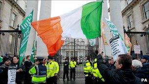 Protesters outside government buildings in Dublin