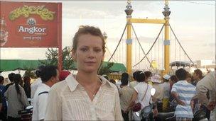 Charlotte Melville by the bridge where the crush happened, Phnom Penh