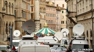 Satellite trucks outside the Perugia courtroom