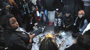 Demonstrators lit fires to stay warm