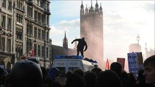 The attacked police van in Whitehall