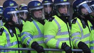 Police protecting the side entrance to the Foreign Office