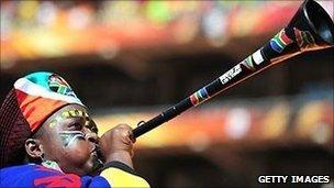 South African woman with vuvuzela