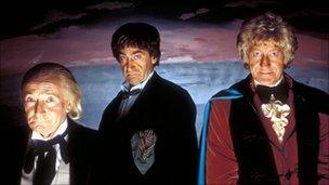 The Three Doctors (1972): (l-r) William Hartnell, Patrick Troughton and Jon Pertwee