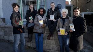 Six young writers outside the house in Swansea where Dylan Thomas was born