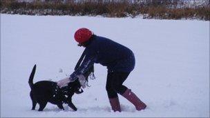 Karen's daughter, Amy Young and their dog, Penny in Scotland