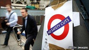 "No safety cuts" poster by station during a previous strike