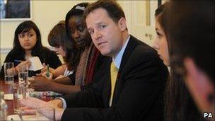 Nick Clegg with students. Pic 3 November