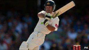 Australian captain Ricky Ponting bats during the first Ashes Test at the Gabba in Brisbane, Australia (29 November 2010)