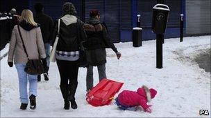 Pedestrians in the snow in Newcastle