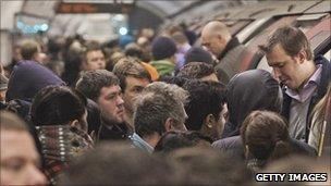 Packed platform at Bank station