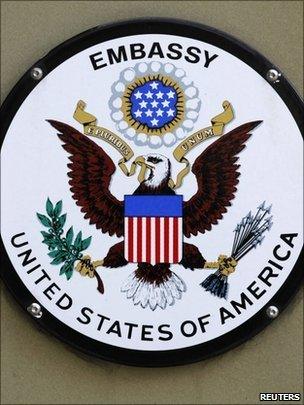 US embassy sign, London