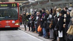 A queue for a bus at Victoria station in London