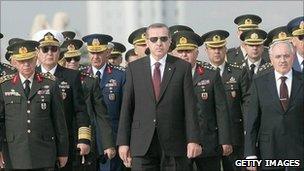 Turkish Prime Minister Tayyip Erdogan (centre) at a wreath-laying ceremony with members of the supreme military council