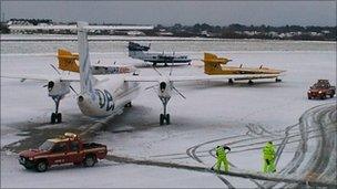 Guernsey Airport covered in snow