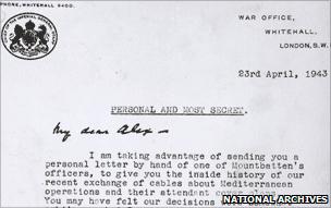 Letter in the briefcase, written by Sir Archibald Nye, Vice Chief of the Imperial General Staff in the War Office, addressed to General Sir Harold Alexander, the British commander in North Africa