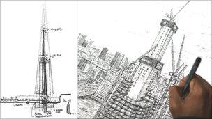 Early concept drawing of Shard, and a recent sketch by artist Stephen Wiltshire