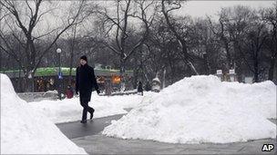 Snow piled up in Poznan, central Poland